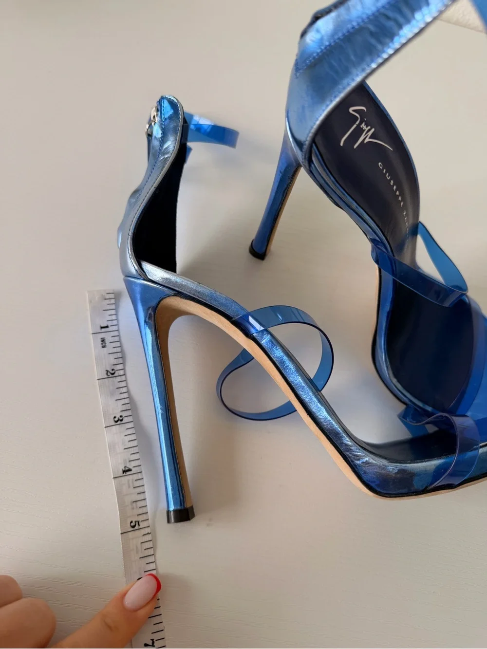 Giuseppe Zanotti Metallic Blue Clear-Strap Stiletto Sandals Size 38